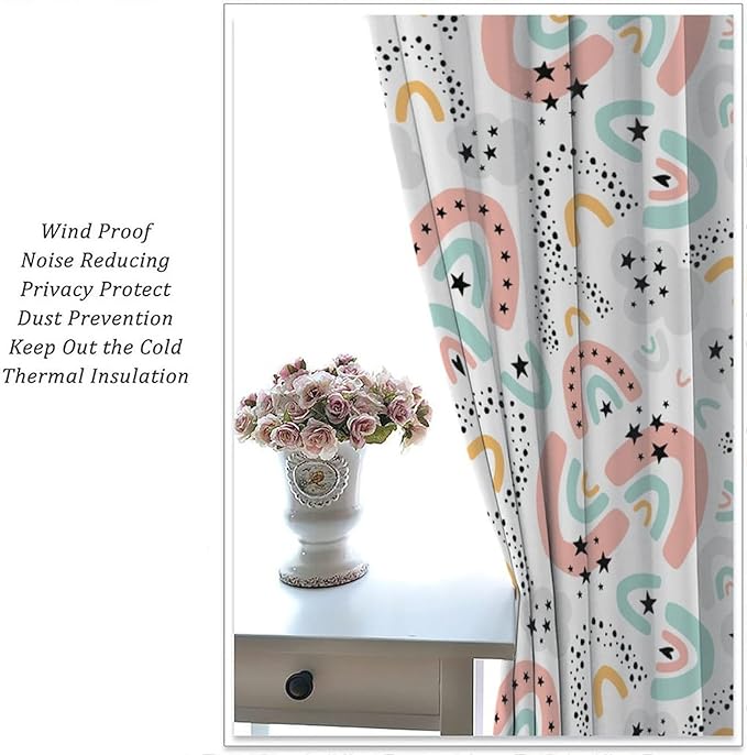 Boho Rainbow Curtains for Kids Nursery Colorful Floral Sun Star Clouds Pastel Bohemian Pattern Print Window Drapes for Girl Bedroom Living Room Kitchen Decor,2 Panel Set,42Wx45H Inch Blackout
