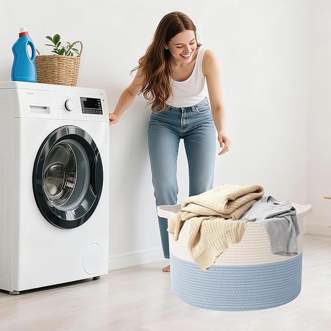 Large Blanket Basket for Organizing,115L Closet Organizers and Storage Bins Box for Shelves Woven Rope Storage Baskets,Living Room,Bedroom,Dorm,Laundry room (White&Blue)