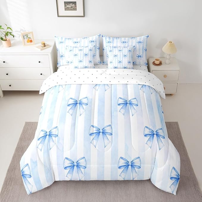 7 Pieces Blue Bowknot Kids Comforter Twin Size,Geometric Stripes Bow Tie Patchwork Dreamy Girls Bedding Set,Butterfly Knot Princess Cute（Comforter+Fitted+Flat+2 Pillowcases+2 Throw Pillow Covers）