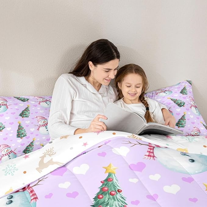 Feelyou Merry Christmas Bedding Set Soft for Boys Girls, Cute Snowman Comforter Set Twin Size Christmas Tree Duvet Quilt Microfiber Love Hearts 2 Pcs with 1 Pillow Cases