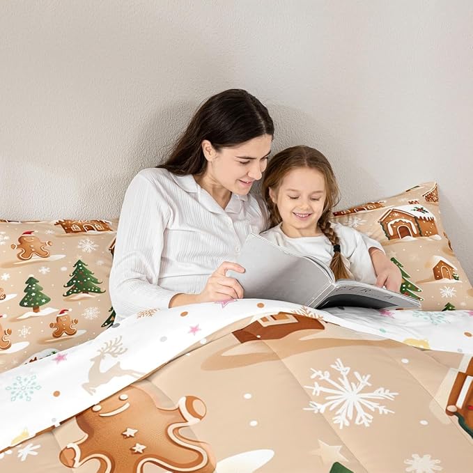 Feelyou Christmas Bedding Set Soft for Boys Girls, Gingerbread Man Comforter Set Twin Size Snowflake Duvet Quilt Microfiber Xmas Tree Bedroom Decor 2 Pcs with 1 Pillow Cases