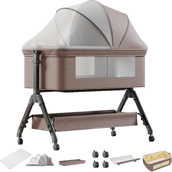 Nine point nine Baby Bedside Bassinet, Baby Bassinet Bedside Sleeper, Next to Me Crib with Wheels, Foldable Co-Sleeping Bed Crib for Newborn (X3 Khaki)