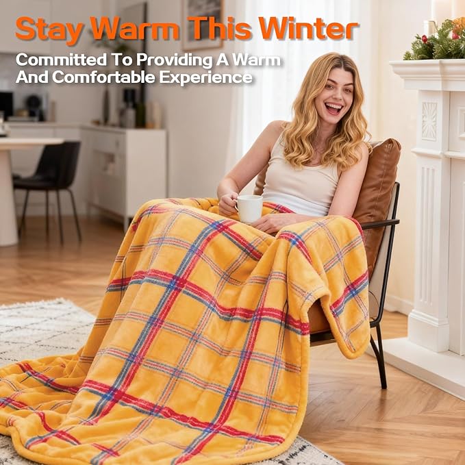 Electric Blanket Heated Throw, Soft Flannel 50"x60" Plaid Heating Blanket with 8 Hours Auto Off 10 Fast Heating Levels Machine Washable Sherpa Heated Blanket with Overheating Protection