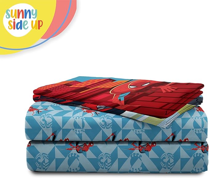 Sunny Side Up Kids Sheet Set Includes Sheets and Pillow Cover - 100% Microfiber Bedding and Room Decor, Blue - Spiderman, 4 Piece Full