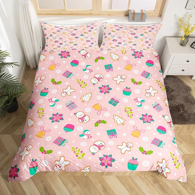 Christmas Kids Bedding Set Cartoon Christmas Tree Snowman Duvet Cover for Boys Children Teens Bedroom Decor Flower Birds Comforter Cover Set Pink New Year Bedspread Cover Full Size with 2 Pillow Case