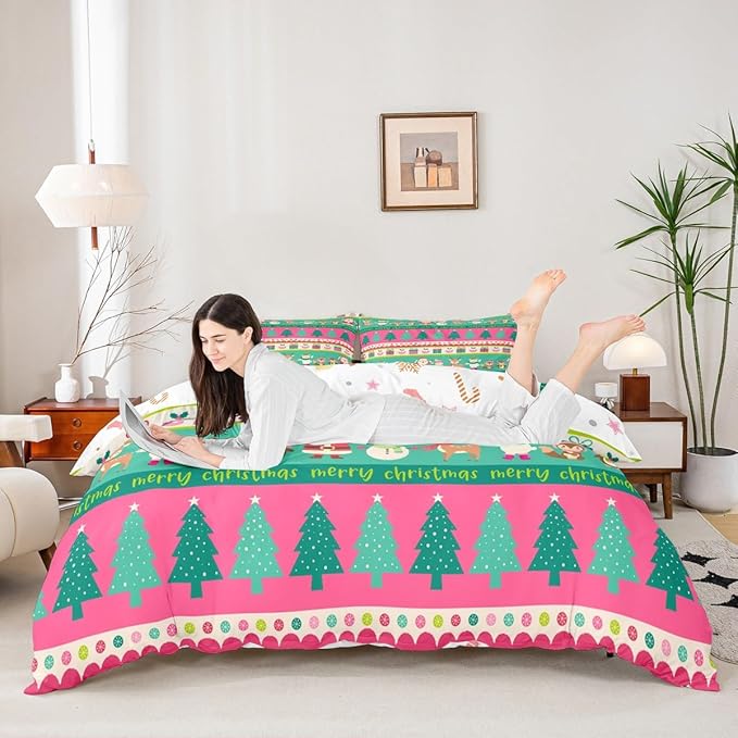 Christmas Bedding Set Cute Snowman Santa Claus Deer Comforter Cover for Kids Christmas Tree Xmas Theme Duvet Cover Breathable Pink Geometric Stripes Bedspread Cover Room Decor Quilt Cover Twin Size
