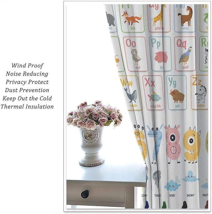 Alphabet Learning Curtain for Kids, Colorful Cartoon Animal Multiplication Table Educational, Classroom Child Printed Rod Pocket Blackout Window Drapes for Bedroom Living Room 55" W X 63" L