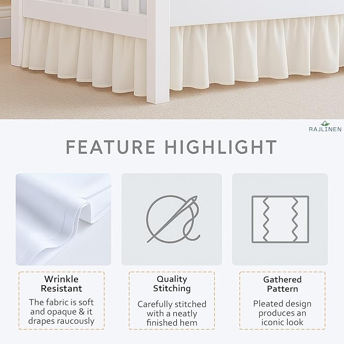Rajlinen Ruffled Crib Bed Skirt, Microfiber, Dust Ruffle with Split Corners, 14" Drop, Nursery Toddler Bedding for Baby Boys or Girls, Ivory