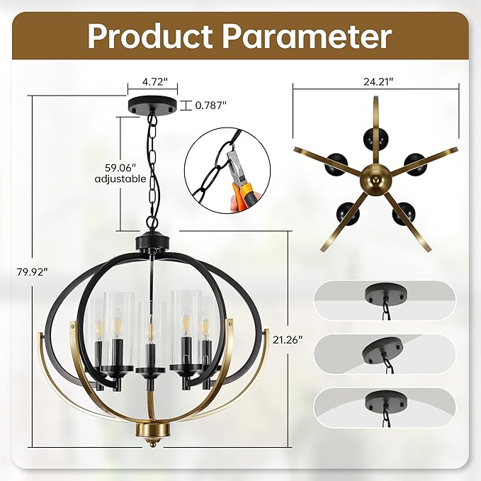 WJShome 5-Light Black and Gold Chandelier, 24" Farmhouse Dining Room Light Fixture, Adjustable Hanging Ceiling Lantern Pendant Light, with Glass Shade Globe Chandeliers, for Kitchen, Bedroom, Foyer