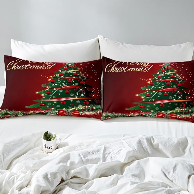 Christmas Tree Duvet Cover Set Queen Size Fir Tree Branches and Deer Print Bedding Set 3pcs for Kids New Year Theme Comforter Cover Merry Christmas Red Quilt Cover with 2 Pillowcases,No Comforter