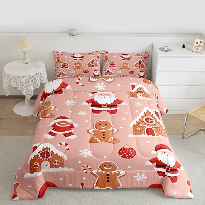 Feelyou Christmas Kids Comforter Set King Size Santa Bedding Set Gingerbread Man Duvet Quilt for Kids Boys Girls Bedroom Snowflake Decor Microfiber Ultra Soft Breathable