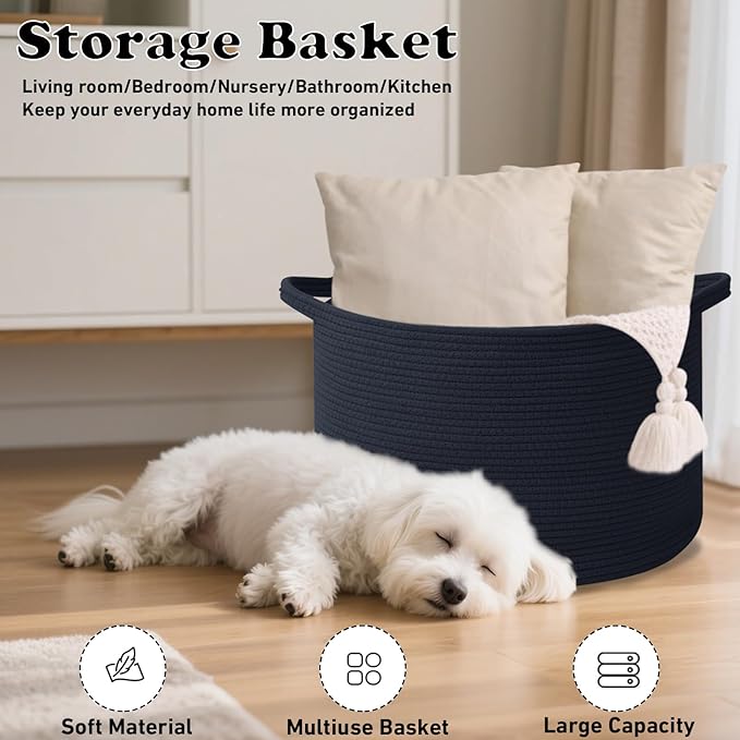 Large Blanket Basket for Organizing,115L Closet Organizers and Storage Bins Box for Shelves Woven Rope Storage Baskets,Living Room,Bedroom,Dorm,Laundry room (Navy)