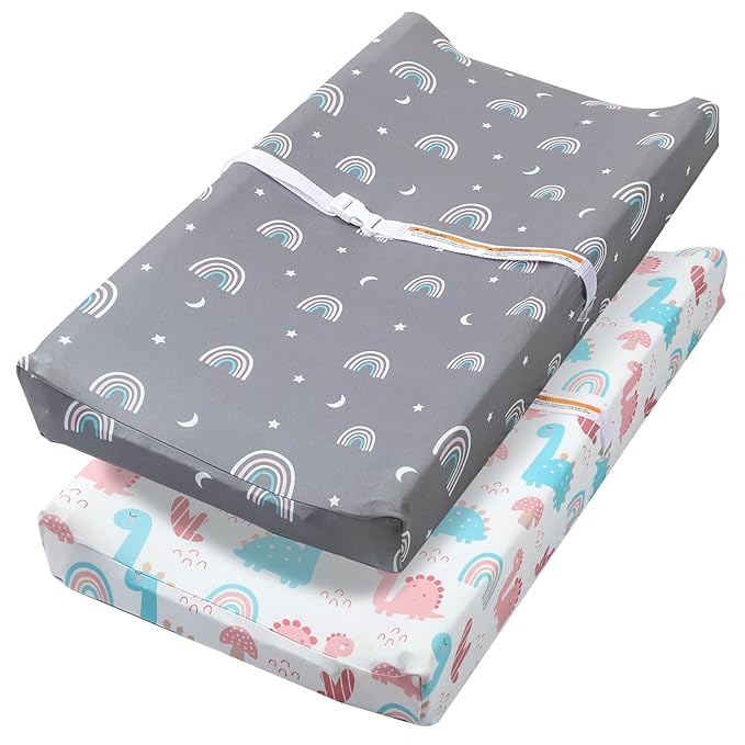 Changing Table Pad Cover Elastic Changing Pad Cover Premium Baby Changing Pad Cover 2 Pack for Boys Girls Soft and Comfortable (Rainbow and Dinosaur Park)