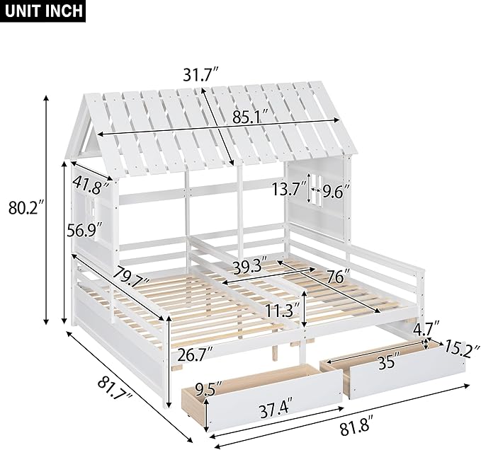 Harper & Bright Designs Twin Size House Platform Beds with Two Drawers for Boy and Girl Shared Beds, Combination of 2 Side by Side Twin Size Beds,White