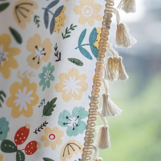 ENJOYBRIDAL Floral Curtains 96 Inch Length 2 Panels Tassel Boho Semi-Sheer Drapes Bedroom Living Room Farmhouse Rustic Country Yellow Green Flower Rod Pocket Cotton Linen Blend Window Curtain Panel