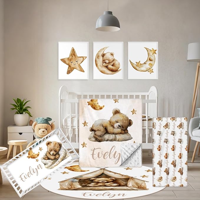 Personalized Baby Bedding Set, 5 Pcs Custom Baby Crib Sets with Name, Bear Toddler Bedding Set for Baby Boys Girls, Double Layer Nursery Flannel Bedding Set, Customized Gifts for Infants Kids