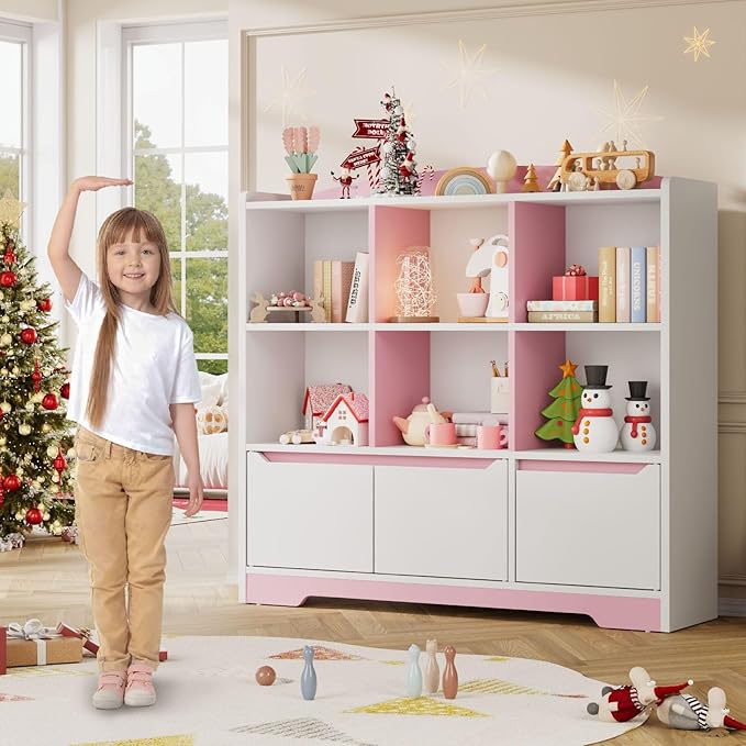Kids Bookshelf and Toy Organizer, 2 Tier Kids Book Shelf for Kid Rooms with 2 Doors, 6 Cubes Storage Organizer,Wood Children Bookcase,Freestanding Toddler Book Display Shelf for Playroom WhitePink