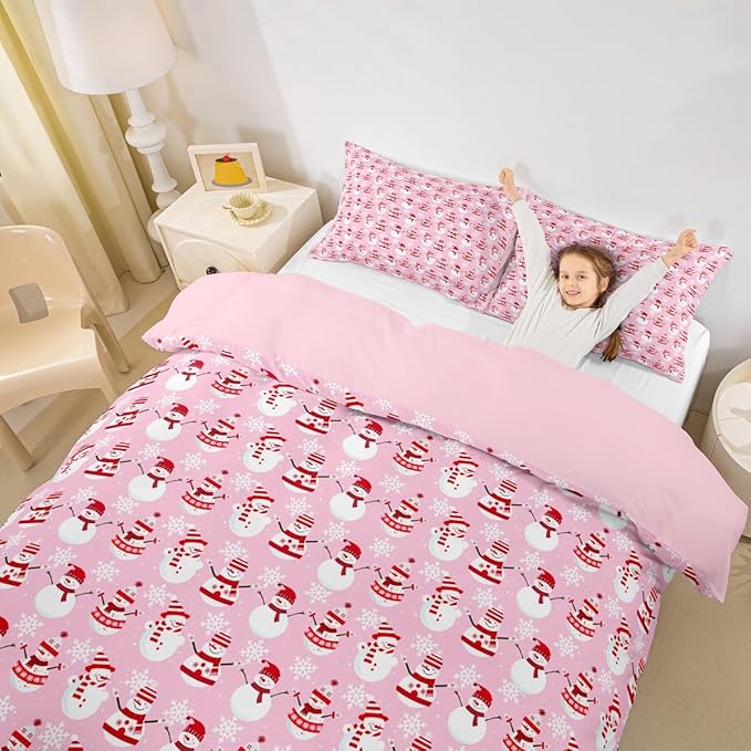 Christmas Bedding Duvet Cover Set Kids Cartoon Christmas Snowman Bedding Set Boys Girls Decor Snowflake Comforter Cover Set Microfiber Pink Xmas Theme Bedspread Cover Bedroom Bedclothes Twin Size
