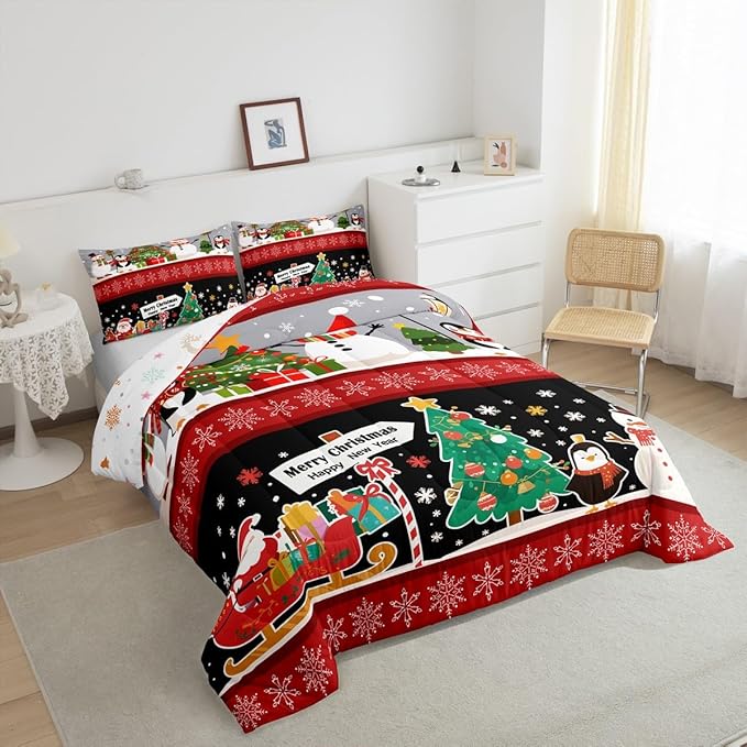 Erosebridal Christmas Tree Decor Quilts Cartoon Snowman Comforter Set for Teens Kids Boys Xmas Deer Elk Santa Claus Bedding Set for New Year Snowflake Red and Black Duvet Insert Full Size