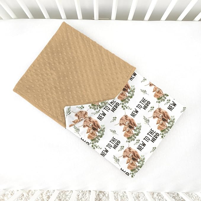 Highland Cow Baby Blankets for Boys Girls 30 x 40, Eucalyptus leaf Soft Double Layer Minky Blanket with Dotted Fleece Back, Nursery Bed Receiving Quilt for Newborn Infant Toddler Shower Gift