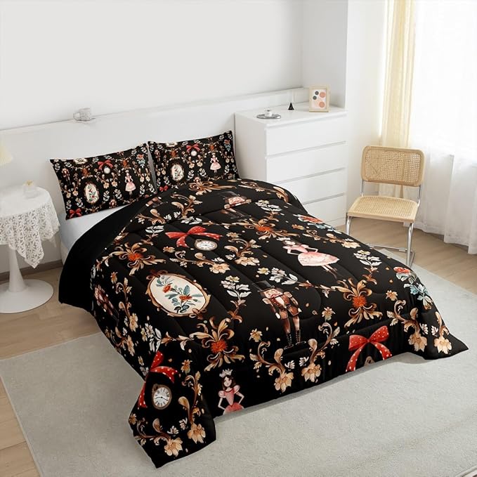 Feelyou Christmas Kids Comforter Set King Size Nutcracker Bedding Set Soldier Royal Guarder Princess Duvet Quilt for Kids Boys Girls Bedroom Flower Bow Decor Microfiber Ultra Soft Breathable