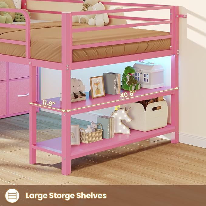 BTHFST Low Loft Bed Twin Size with 6 Storage Drawers, LED Lights, 2 Tier Storage Shelves, Kids Metal Loft Bed with 15" H Stairs & Safety Guardrail, Spave Saving, Pink