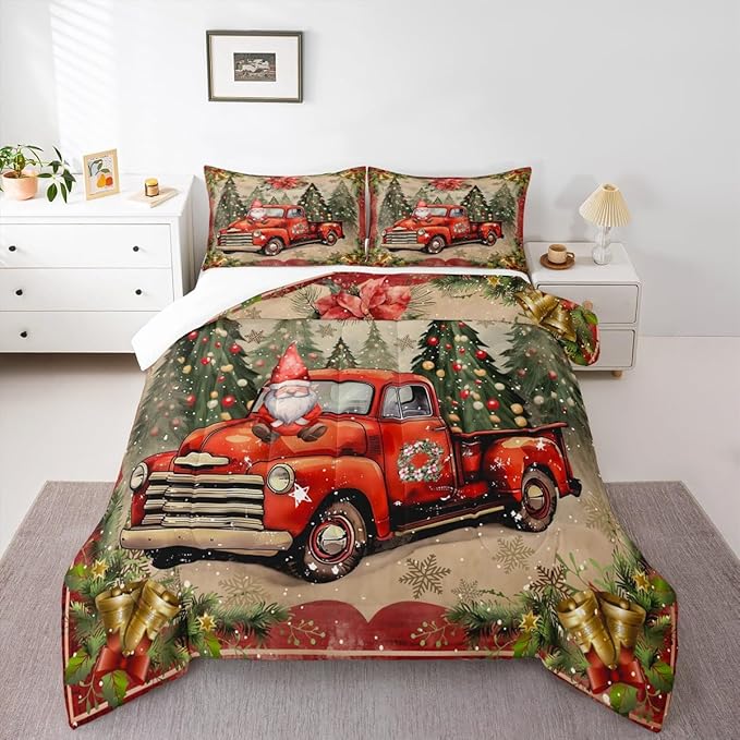 Manfei Red Truck Comforter Set King Size, Xmas Trees Santa Claus Snowflake Bedding Set 3pcs for Kids Boys Girls Room Decor, Christmas Theme Down Comforter New Year Quilt Set with 2 Pillowcases