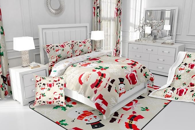 jejeloiu Merry Christmas Comforter Set Twin Size Xmas Santa Claus Bedding Set for Kids Boys Girls Cute Snowman Duvet Quilt Beige Bedroom Decor