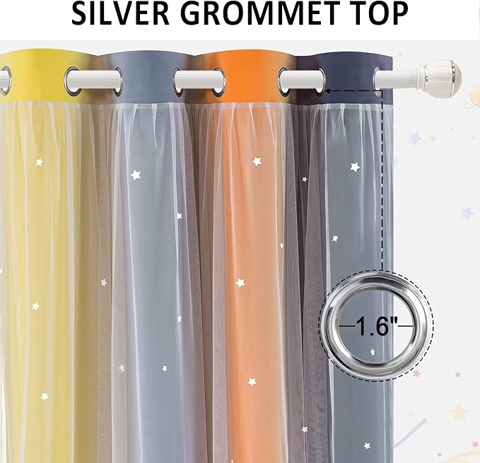 Kinryb Nursery/Kids/Girls Room Star Cut Out Blackout Rainbow Curtain with Sheer Overlay 2 Panels, Each 52 inch Wide,108 inch Length with White Gauze,Ombre Stripe Rainbow Curtains (2 Pcs,52x108 Inch)