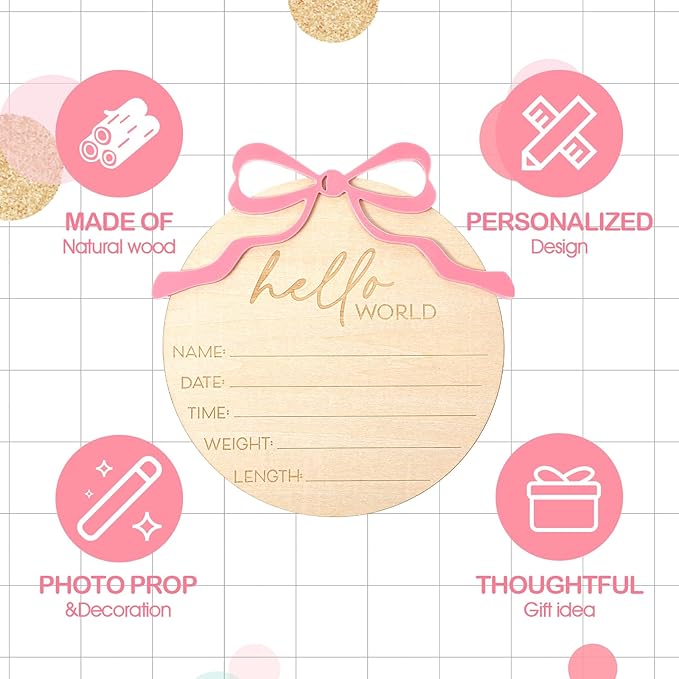 Baby Name Announcement Sign - Wooden Hello World Newborn Sign - Pink Bow Nursery Decor Welcome to the World Baby Girl Newborn Signs for Hospital