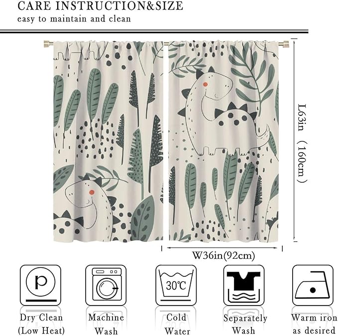 Funny Dinosaur Curtains, Jungle Cute Cartoon Animals Tropical Leaves Plant Beige Green Print Blackout Window Treatments for Kids Boys Girls Bedroom Living Room 72x63in