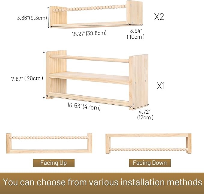 Nursery Floating Book Shelves, Wall Mounted Shelf with Towel Bar for Kids Room, Nursery Wall Shelves Set of 3 - Rustic Bookshelf Organizer for Baby Books & Toys,Natural Wood
