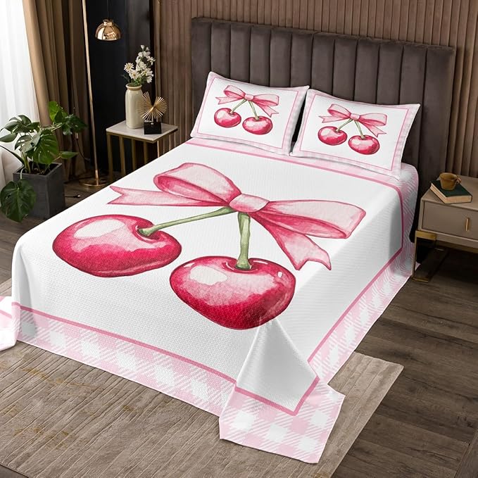 Cherry Bowknot Kids Bedspread Twin Size,Geometric Plaids Grids Patchwork Fashion Coverlet Set,Girls Women Room Decor,Bow Tie Princess Dreamy Quilted Coverlet,Pink Cute Bedding Quilt,1 Pillowcase