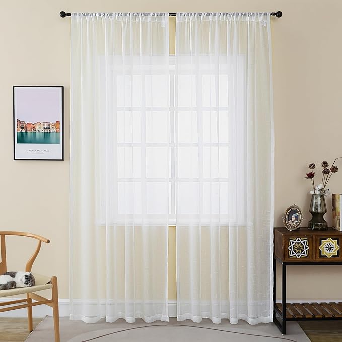 Off White Sheer Curtains 84 Inches Long 2 Panels, 50 Inches Width, Linen Look Transparent Curtain, Rustic Textured Light Filtering Drapes, Rod Pocket Window Treatment