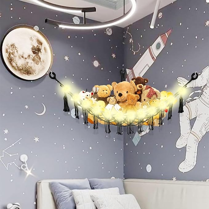 Stuffed Animal Hammock with LED Light, Large Stuffed Animals Storage Corner Plushie Net for Kids Room Decor, 2 Packs Black