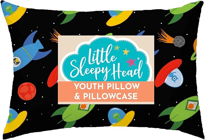 Little Sleepy Head Youth Pillow with Pillowcase 16x22, Soft Jumbo Toddler Pillow & Hypoallergenic Pillowcase - Perfect Kids Travel Pillow (Space 'N Rockets)