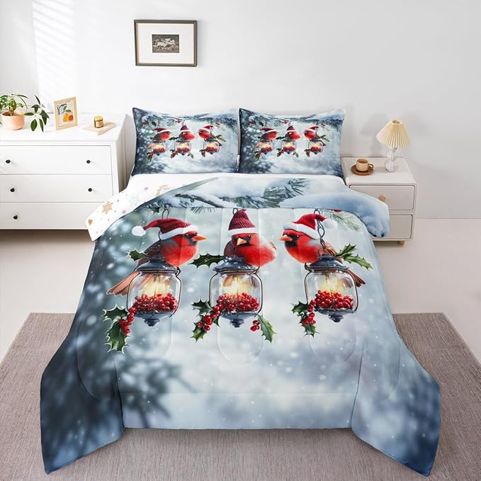 Feelyou Merry Christmas Comforter Set All Season Robin Bird Bedding Set with 1 Pillow Cases Snowflake Microfiber Kids Toddler Bedclothes Winter Bedroom Decor Duvet Quilt Breathable Soft Lightweight