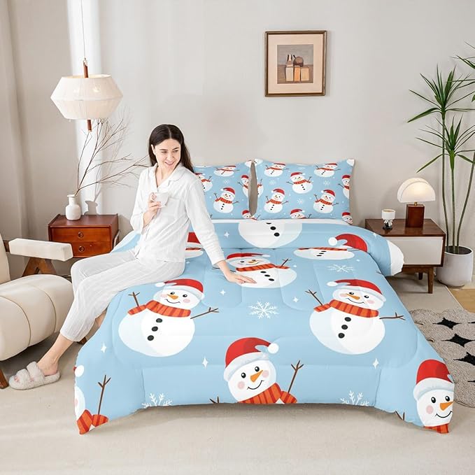 Feelyou Merry Christmas Bedding Set Soft for Boys Girls, Snowman Comforter Set Queen Size Snowflake Duvet Quilt Microfiber Bedroom Decor 3 Pcs with 2 Pillow Cases