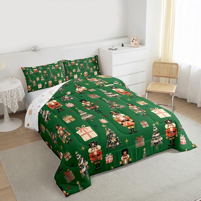 jejeloiu Xmas Nutcracker Comforter Set Twin Size Christmas Green Bedding Set for Kids Boys Girls Cute Snowflakes Duvet Quilt Bedroom Decor