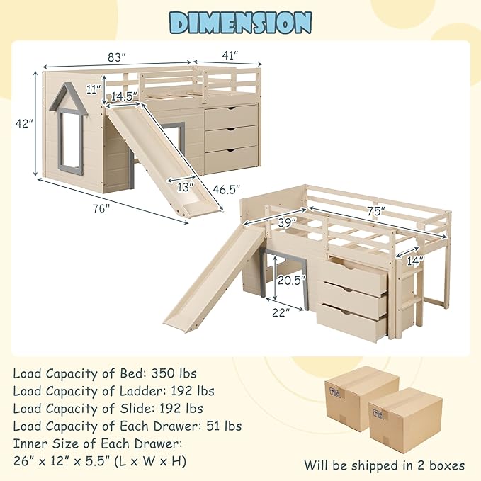 KOMFOTT Twin Low Loft Bed with 3 Storage Drawers & Underneath House, Wood Loft Bed with Slide, Ladder, Guardrails & Under-Bed Play Space, Kids Twin Loft Bed for Girls & Boys, No Box Spring Needed