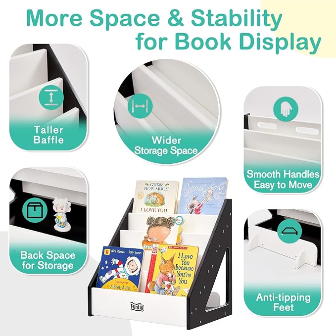 FUNLIO Montessori Bookshelf for Toddlers 1-5 Years, Front-Facing Kids Bookcase with Handle & Anti-Tilting Device, Premium Pine Baby Bookshelf, Children's Bookcase for Nursery/Classroom - Black &White