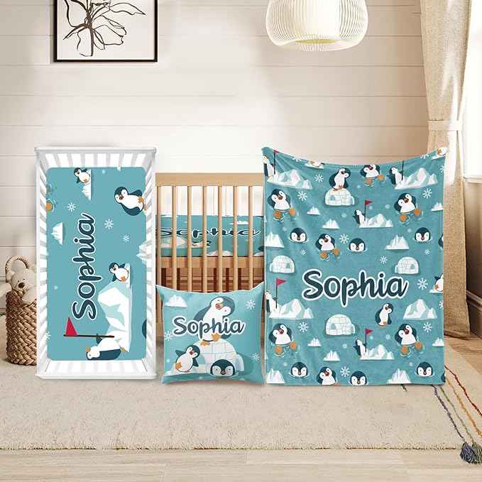 Custom Crib Bedding Set - Penguin Design Personalized Name Baby Nursery Bedding 3 Pcs Set - Chic Soft Blanket, Sheet, Pillowcase for Newborns Boys Girls Gifts Color15