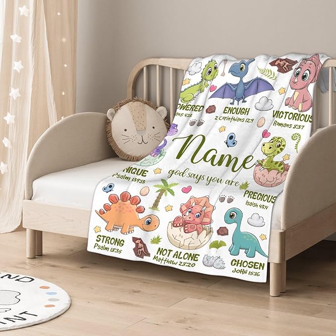 Personalized Dinosaur Blanket,Custom Dinosaur Gifts for Kids Boys,God Says I Am Themed Blanket,Meaningful Thoughtful Religious Baptism Christian Gifts,Bible Verse Quilt with Name,40"x50" for Kids