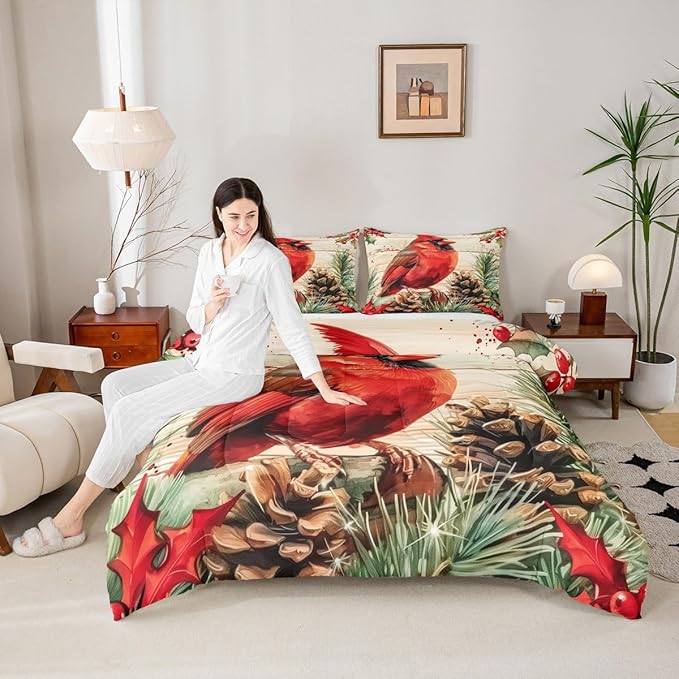 jejeloiu Kids Red Cardinal Comforter Set Full Size Christmas Theme Bedding Set for Boys Girls Teens Xmas Birds Winter Rustic Wood Plank Animal Duvet Quilt Room Decor
