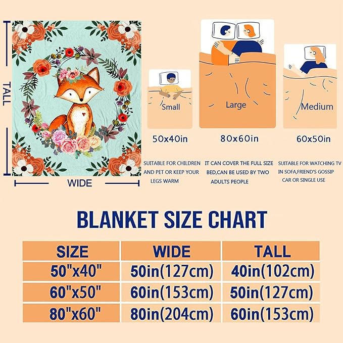 Fox Blanket Flower Fox Print Throw Blanket Ultra Soft Flannel Blankets Gifts for Kids Adults 50"x40"