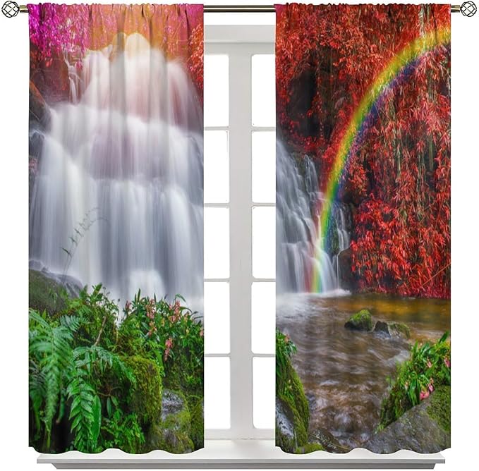Waterfall Blackout Curtains, Nature Landscape Forest Mountain Waterfall Scenery Scene Print Pattern Window Drapes, for Bedroom Living Room 52" W X 84" L