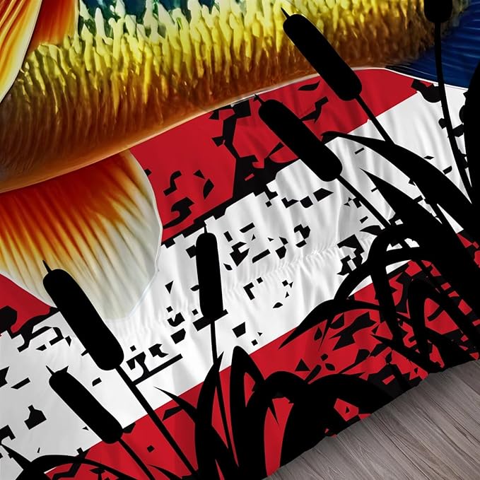 American Flag Comforter Set Full/Queen Size Bass Fish Bedding Set for Men Boys Teens Fishing Lover Bedroom Fisherman Farmhouse Bed Set Wild Quilted, 1 Comforter 2 Pillowcases