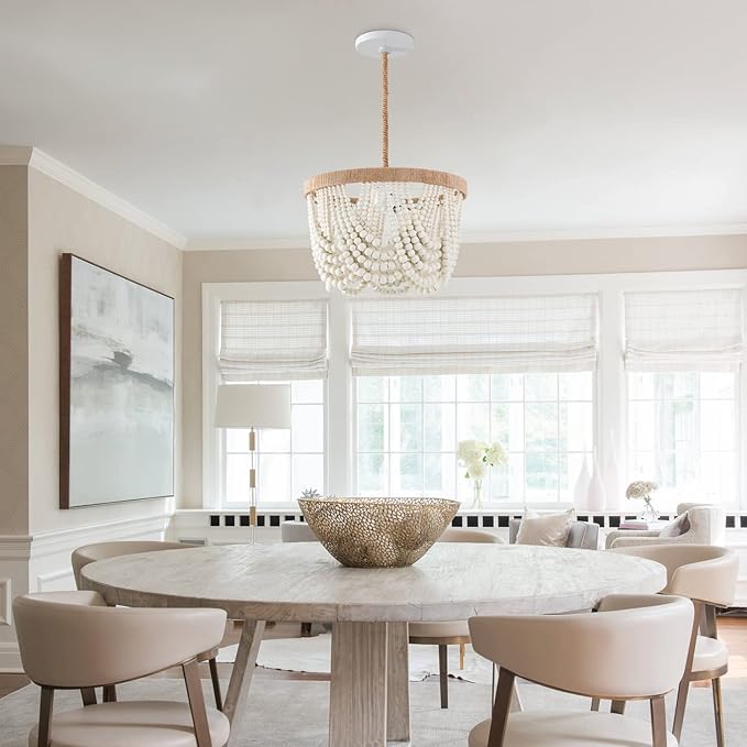 VILUXY Bohemia Wood Beaded Pendant Lights Antique Rustic Mini Chandelier White Finishing for Bedroom, Nursery Room, Girl Room, Hallway, Entryway, Passway, Dining Room, 3-Light