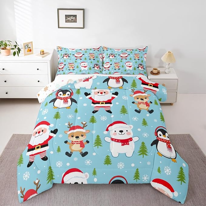 Feelyou Christmas Comforter Set Full Size Santa Claus Bedding Set for Kids Boys Girls Penguin Deer Duvet Quilt Xmas Snowflake Tree Bedroom Decor Microfiber 3 Pcs with 2 Pillow Cases