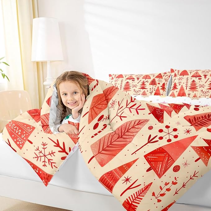 Feelyou Christmas Bedding Set Soft for Boys Girls, Xmas Tree Comforter Set King Size Snowflake Candy Duvet Quilt Microfiber Pine Tree Bedroom Decor 3 Pcs with 2 Pillow Cases